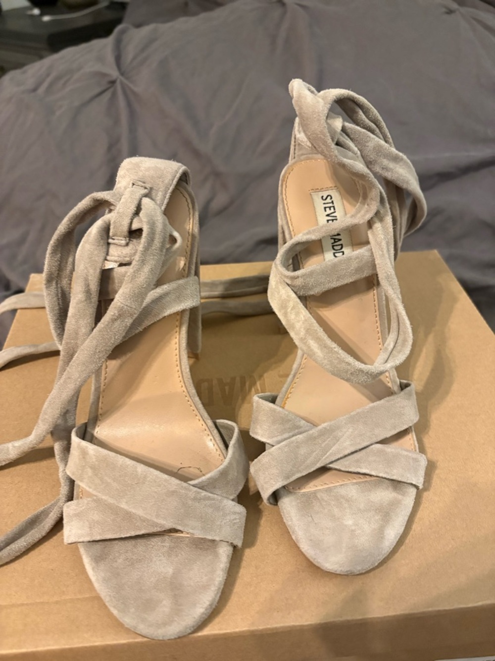 Steve Madden Beige Suede Lace-Up Heeled Sandals
